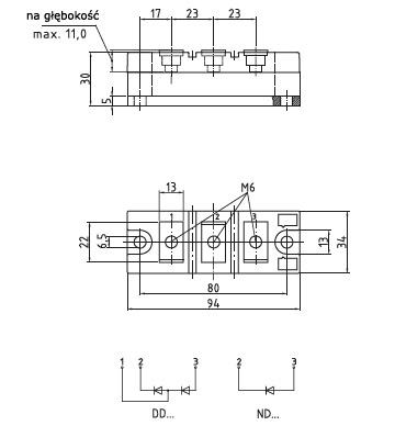 Wymiary obudów modułów elektroizolowanych firmy eupec/infineon DP34