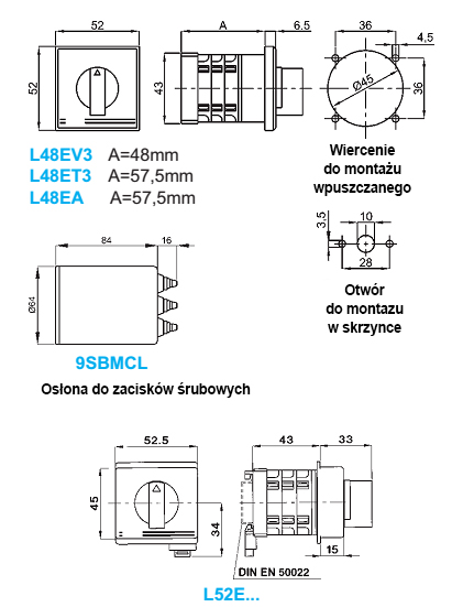 Przełączniki wyboru faz L48E… - L52E… wymiary