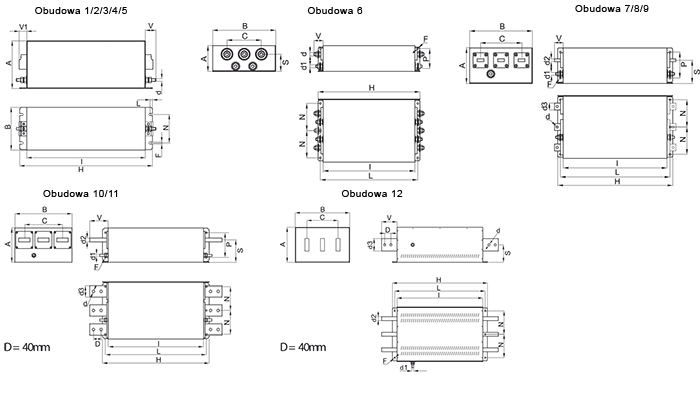Filtry trójfazowe seria FIN538s1 - wymiary