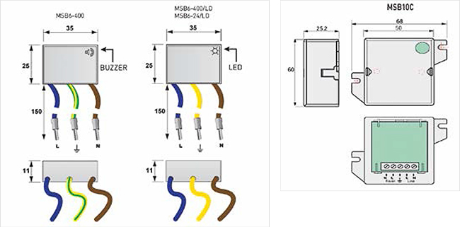 Ograniczniki przepięć typu 3 (D) MSB6 i MSB10 do zabezpieczania LED w budynkach wymiary