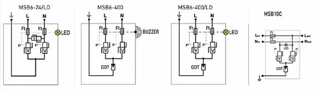 Ograniczniki przepięć typu 3 (D) MSB6 i MSB10 do zabezpieczania LED w budynkach schemat