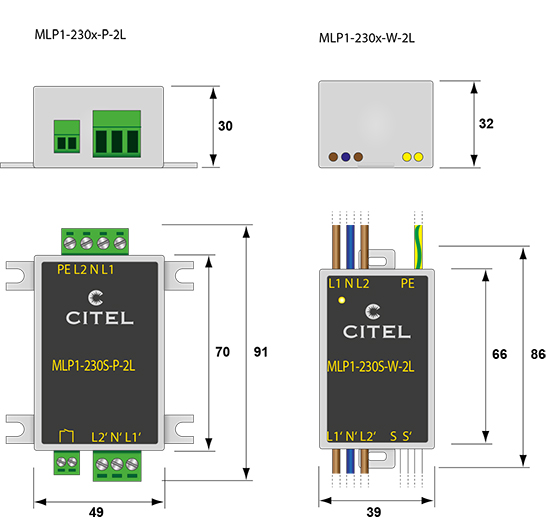 Ograniczniki przepięć typu 2+3 (C+D) Seria MLPx-230x-x-2L dla instalacji 2-fazowej wymiary