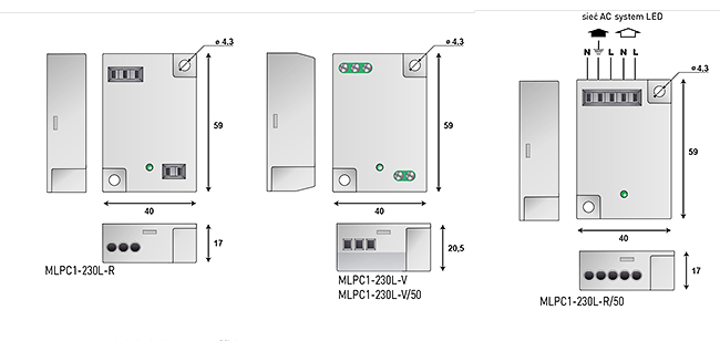 Ograniczniki przepięć typu 2+3 (C+D) dla oświetlenia LED MLPC1-230L-R, MLPC1-230L-V wymiary