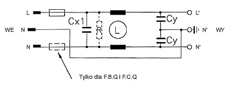 FILTRY PRZECIWZAKŁÓCENIOWE LC-RFI Z BEZPIECZNIKIEM SERIA F.AP-F.BQ-F.CP-F.CQ schemat