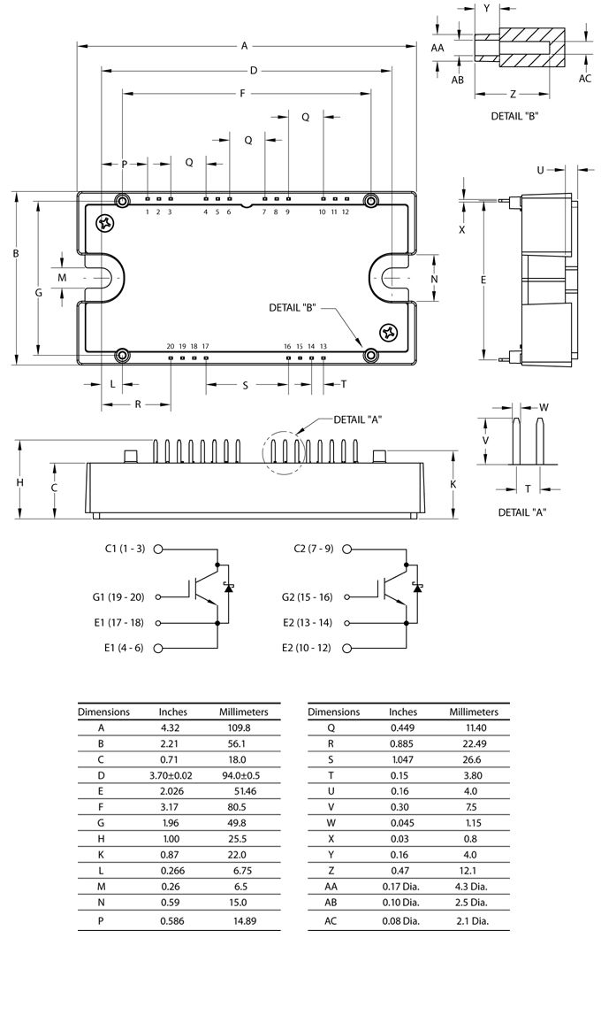 Wymiary Moduły hybrydowe Si IGBT/ SiC Schottky diode